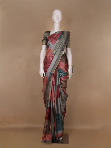 Multi Color Floral Printed Semi Tussar Saree - Diadem