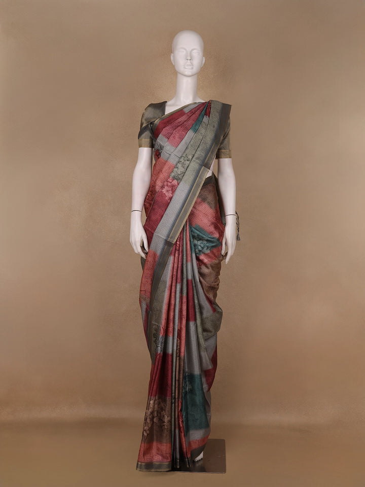 Multi Color Floral Printed Semi Tussar Saree - Diadem