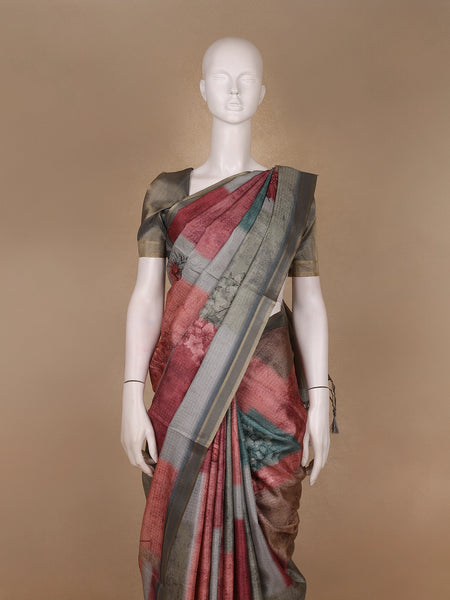 Multi Color Floral Printed Semi Tussar Saree - Diadem