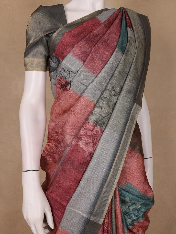 Multi Color Floral Printed Semi Tussar Saree - Diadem