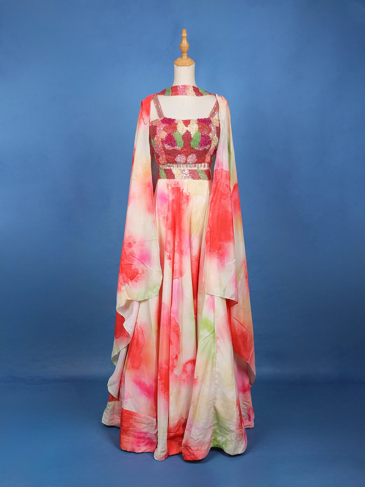 Multi Color Satin Lehenga Embellished with Stonework Paired with Dupatta