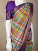 Multicolor Checked Woven Pure Kanchipuram Silk Saree with Contrast Purple Zari Border