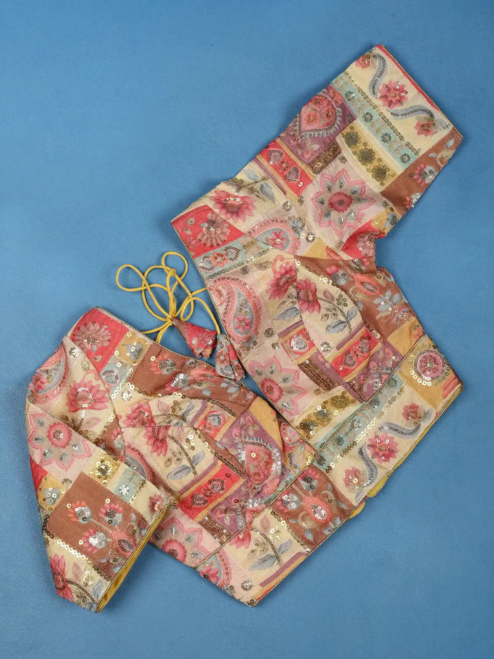 Multicolor Floral Design Silk Readymade Blouse - Diadem