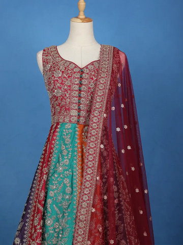 Maroon Floral Embroidered Banarasi Silk Gown With Net Dupatta - Diadem