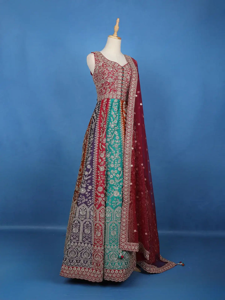 Maroon Floral Embroidered Banarasi Silk Gown With Net Dupatta - Diadem