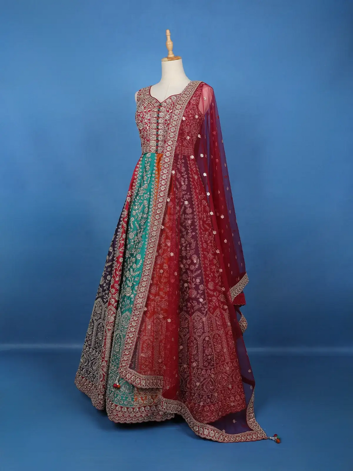 Maroon Floral Embroidered Banarasi Silk Gown With Net Dupatta - Diadem