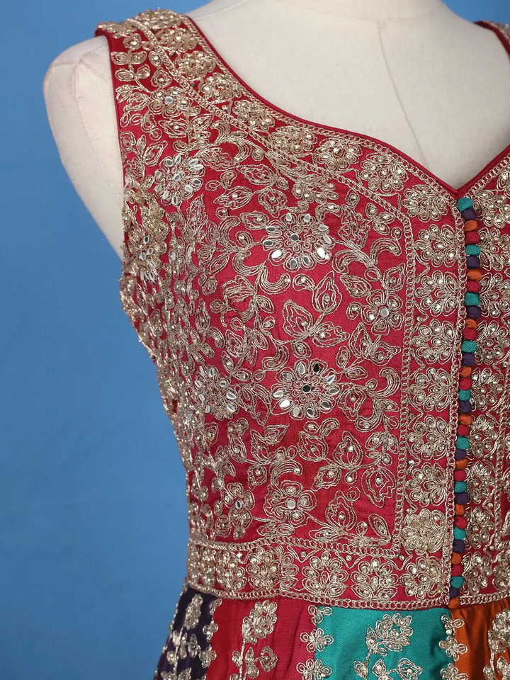 Maroon Floral Embroidered Banarasi Silk Gown With Net Dupatta - Diadem