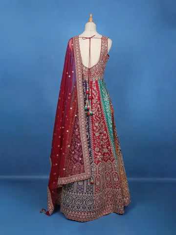 Maroon Floral Embroidered Banarasi Silk Gown With Net Dupatta - Diadem