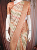 Multicolor Stripes and Floral Woven Banarasi Silk Saree with Contrast Peach Zari Border