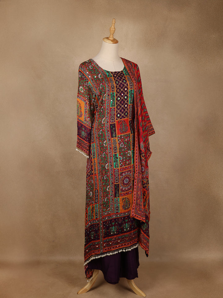 Multicolor Patchwork Print Synthetic Palazzo Salwar Suit - Diadem
