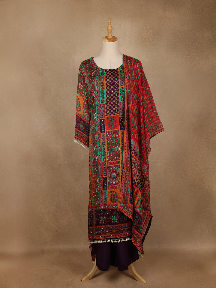 Multicolor Patchwork Print Synthetic Palazzo Salwar Suit - Diadem