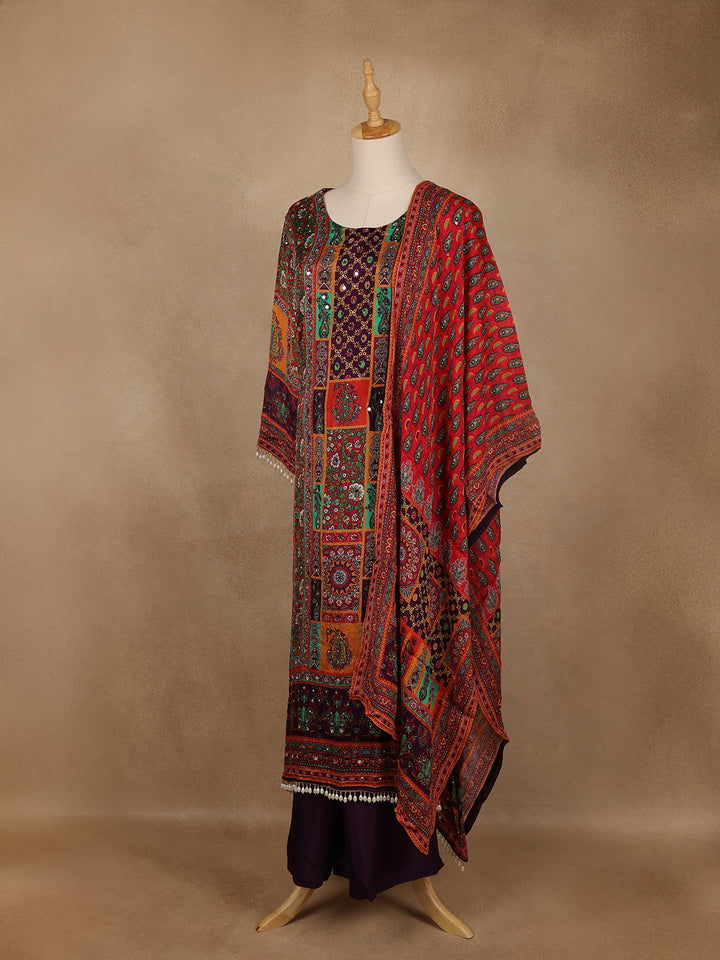 Multicolor Patchwork Print Synthetic Palazzo Salwar Suit - Diadem