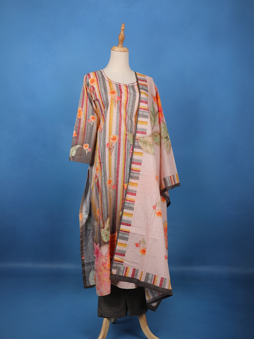 Multicolor Striped & Floral Embellished Salwar Suit Set with Dupatta - Diadem
