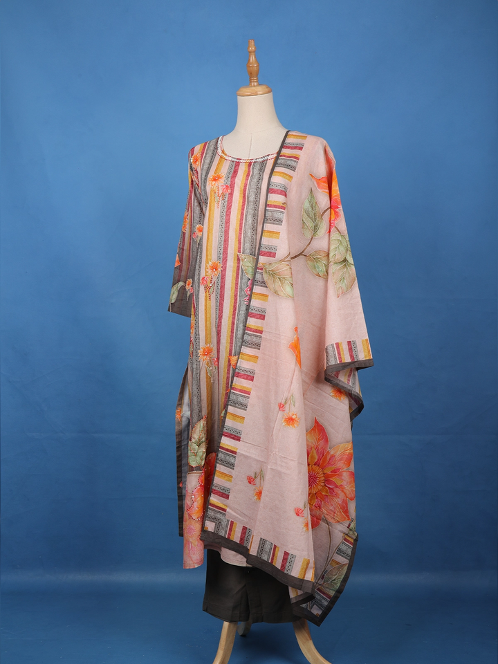 Multicolor Striped & Floral Embellished Salwar Suit Set with Dupatta - Diadem