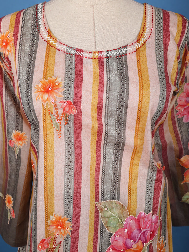 Multicolor Striped & Floral Embellished Salwar Suit Set with Dupatta - Diadem