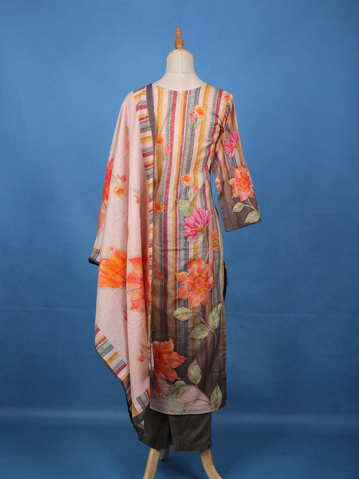 Multicolor Striped & Floral Embellished Salwar Suit Set with Dupatta - Diadem