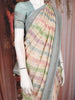 Multicolor Stripes and Floral Woven Banarasi Silk Saree with Contrast Blue Zari Border