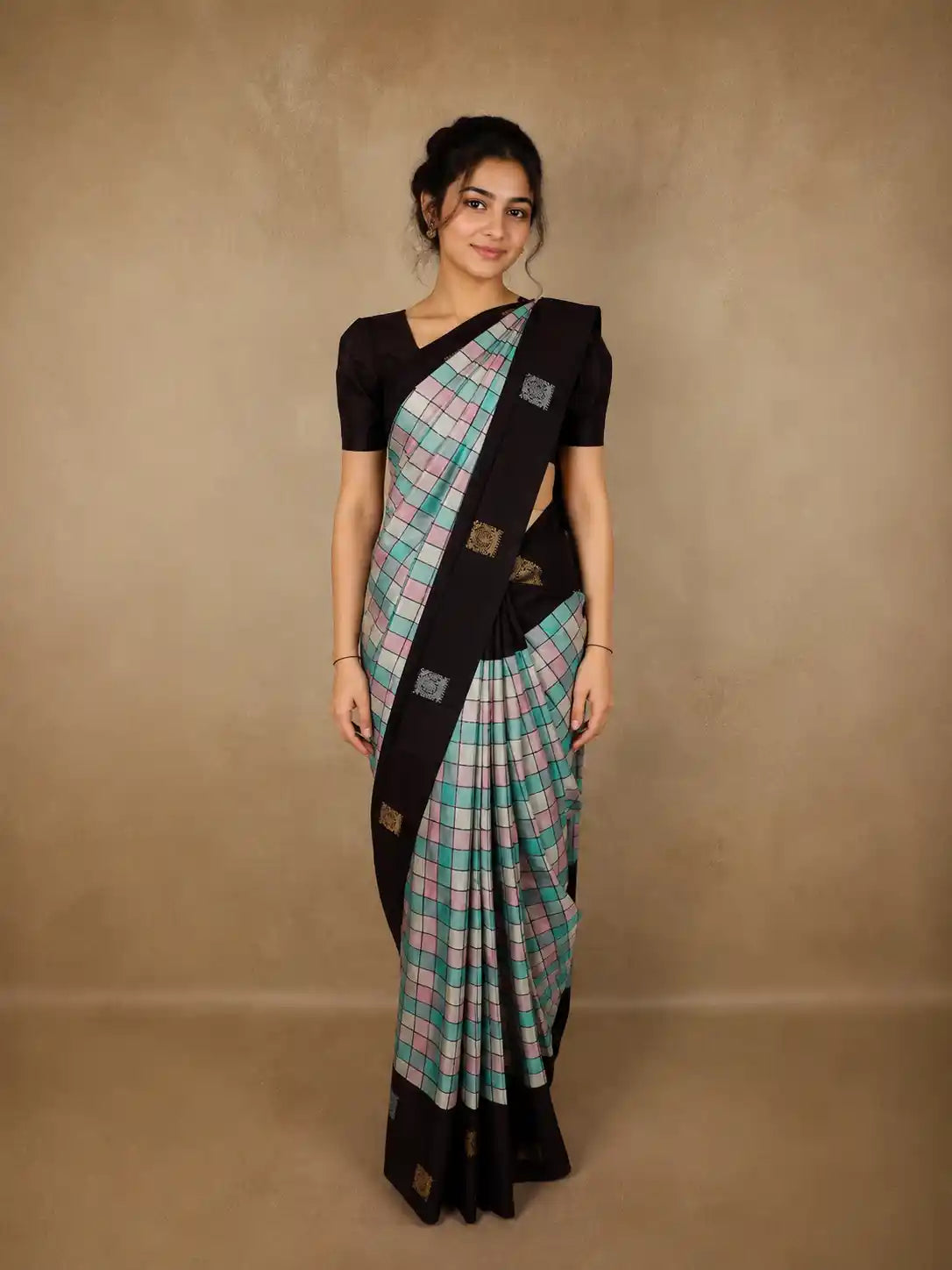 Multicolor Checks Woven Design Pure Kanchipuram Silk Saree with Contrast Zari Border