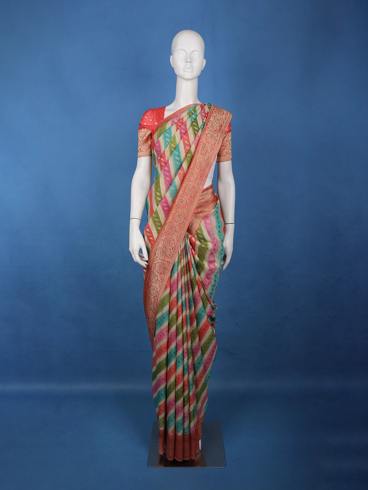 Multicolor Diagonal Stripes Banarasi Silk Saree - Diadem