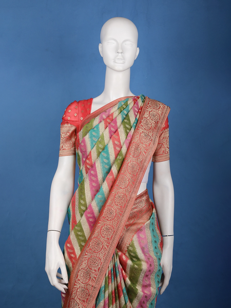 Multicolor Diagonal Stripes Banarasi Silk Saree - Diadem