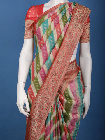 Multicolor Diagonal Stripes Banarasi Silk Saree - Diadem