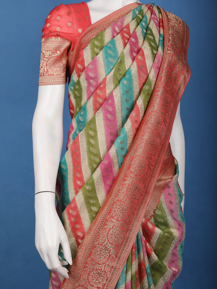 Multicolor Diagonal Stripes Banarasi Silk Saree - Diadem