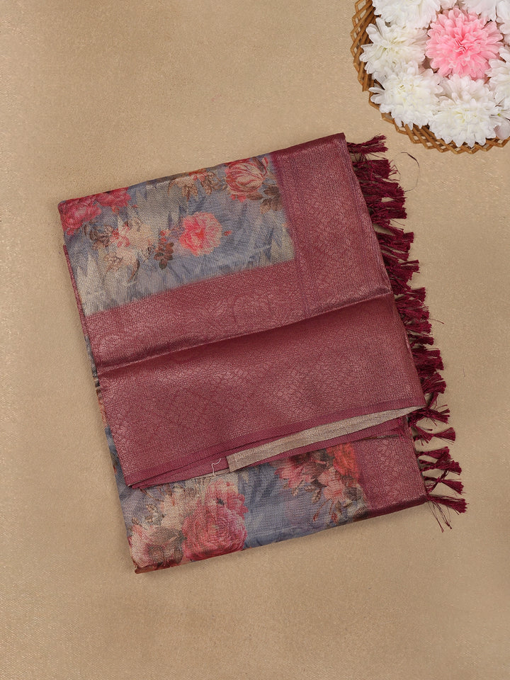 Multicolor Floral Digital Printed Fancy Barbari Silk Saree - Diadem