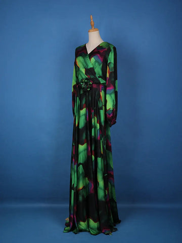Multicolor Floral Print Chiffon Partywear Gown - Diadem