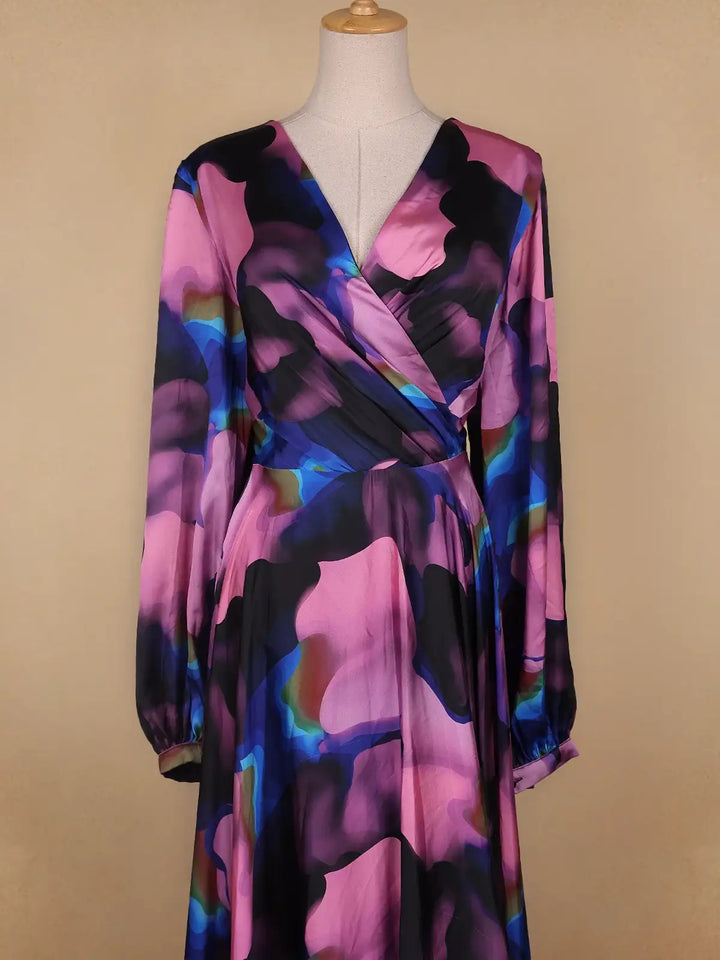 Multicolor Floral Print Satin Partywear Gown - Diadem