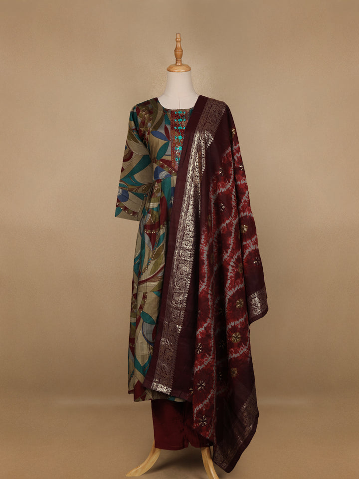 Multicolor Floral Printed Semi Silk Salwar Suit - Diadem