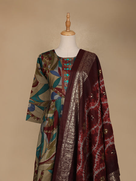 Multicolor Floral Printed Semi Silk Salwar Suit - Diadem