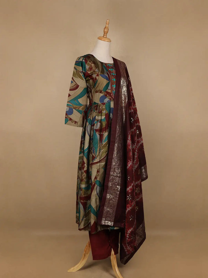 Multicolor Floral Printed Semi Silk Salwar Suit - Diadem