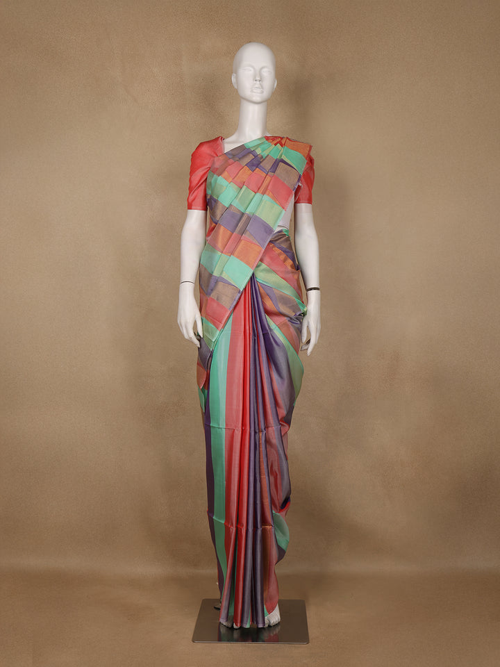 Multicolor Plain Striped Design Soft Silk Saree - Diadem
