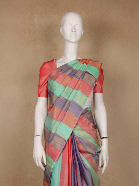 Multicolor Plain Striped Design Soft Silk Saree - Diadem