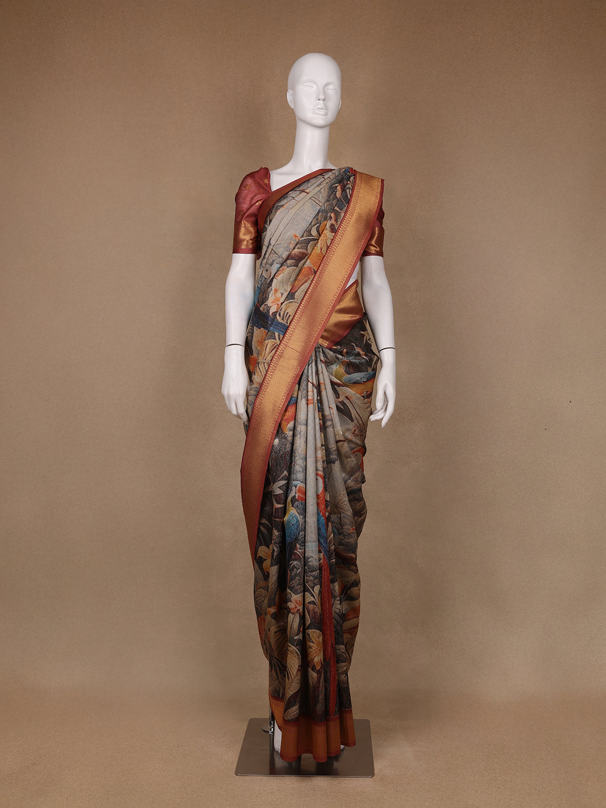Multicolor Tropical Parrot Printed Semi Tussar Saree - Diadem