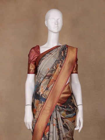 Multicolor Tropical Parrot Printed Semi Tussar Saree - Diadem