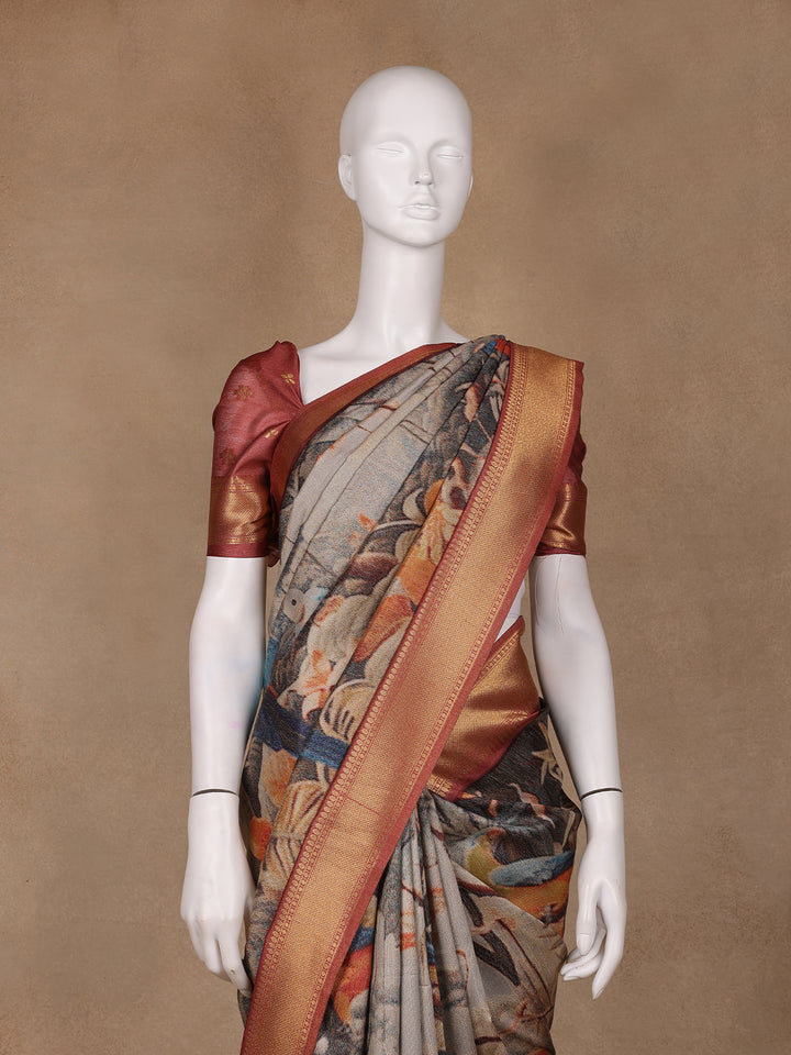 Multicolor Tropical Parrot Printed Semi Tussar Saree - Diadem