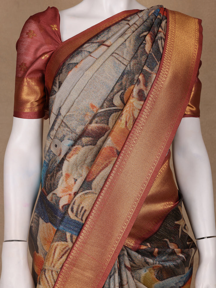 Multicolor Tropical Parrot Printed Semi Tussar Saree - Diadem