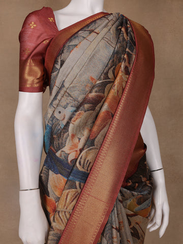 Multicolor Tropical Parrot Printed Semi Tussar Saree - Diadem