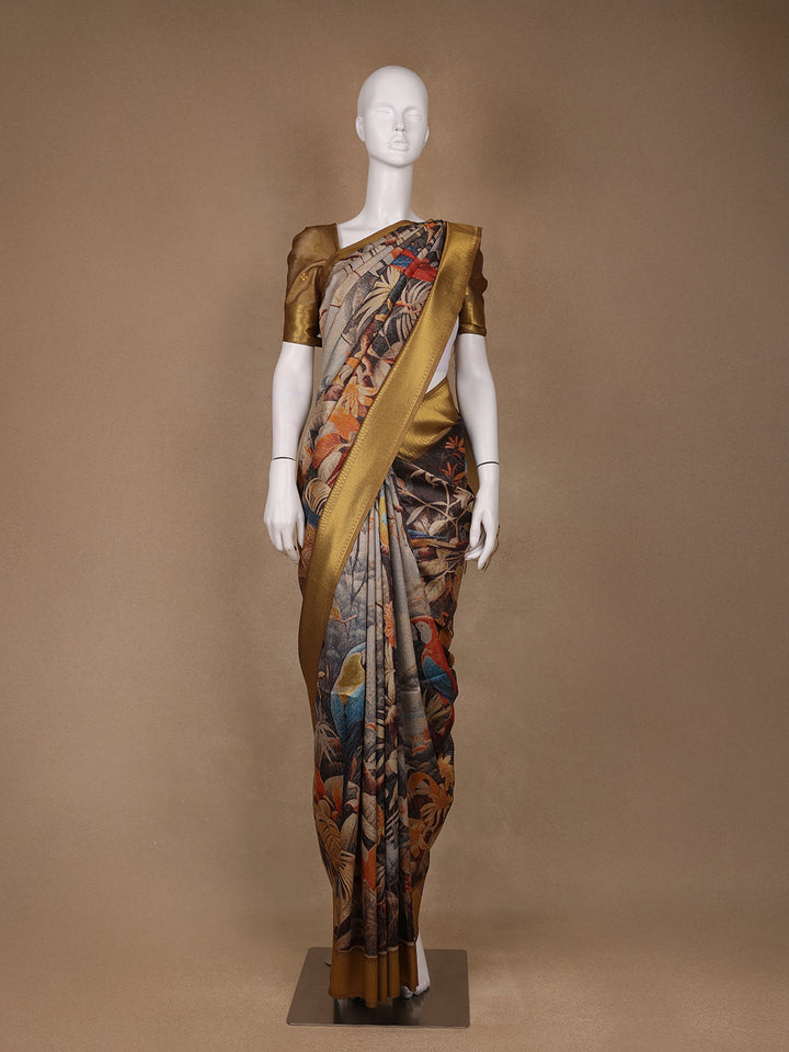 Multicolor Tropical Parrot Printed Semi Tussar Saree - Diadem
