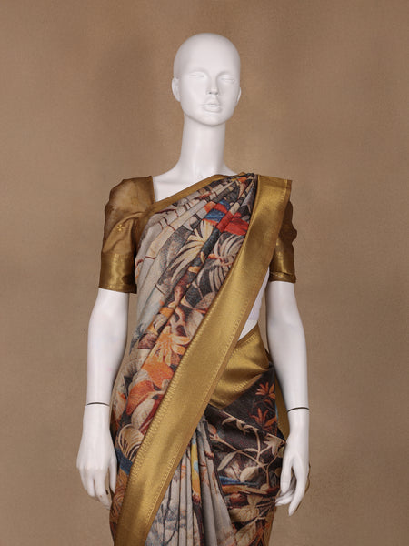 Multicolor Tropical Parrot Printed Semi Tussar Saree - Diadem