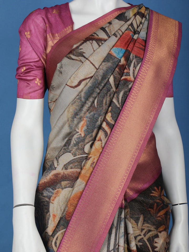 Multicolour Floral Designed Semi Tussar Saree - Diadem