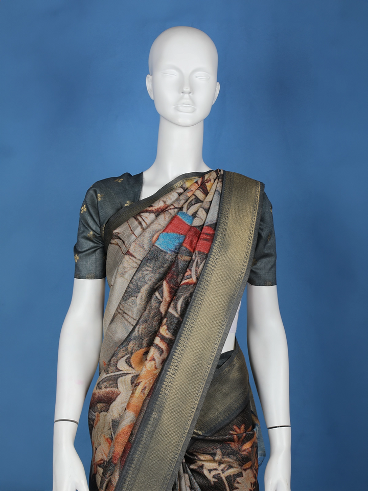 Multicolour Floral Designed Semi Tussar Saree - Diadem