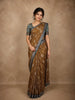 Mustard Floral Printed Chanderi Cotton Saree with Teal Zari Border