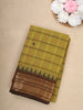 Mustard Green Checks Design Cotton Saree with Brown Zari Woven Border