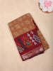 Mustard Ikat Printed Chanderi Cotton Saree with Maroon Zari Border