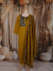Mustard Olive Green Abstract Kalamkari Mirror Embroidered Design Cotton Straight Cut Salwar Suit with Contrast Dupatta