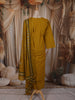 Mustard Olive Green Abstract Kalamkari Mirror Embroidered Design Cotton Straight Cut Salwar Suit with Contrast Dupatta