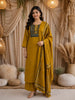 Mustard Olive Green Abstract Kalamkari Mirror Embroidered Design Cotton Straight Cut Salwar Suit with Contrast Dupatta