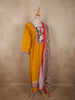 Mustard Yellow Bird Motif Printed Design Cotton Palazzo Suit with Floral Dupatta